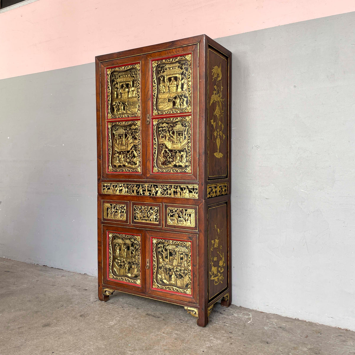 Peranakan-Style Carved Cabinet with Gilt Panels