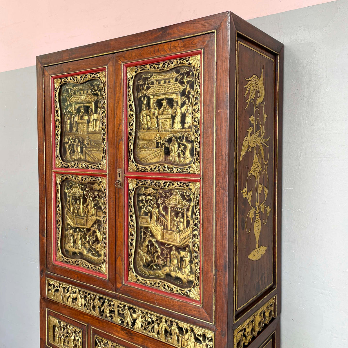 Peranakan-Style Carved Cabinet with Gilt Panels