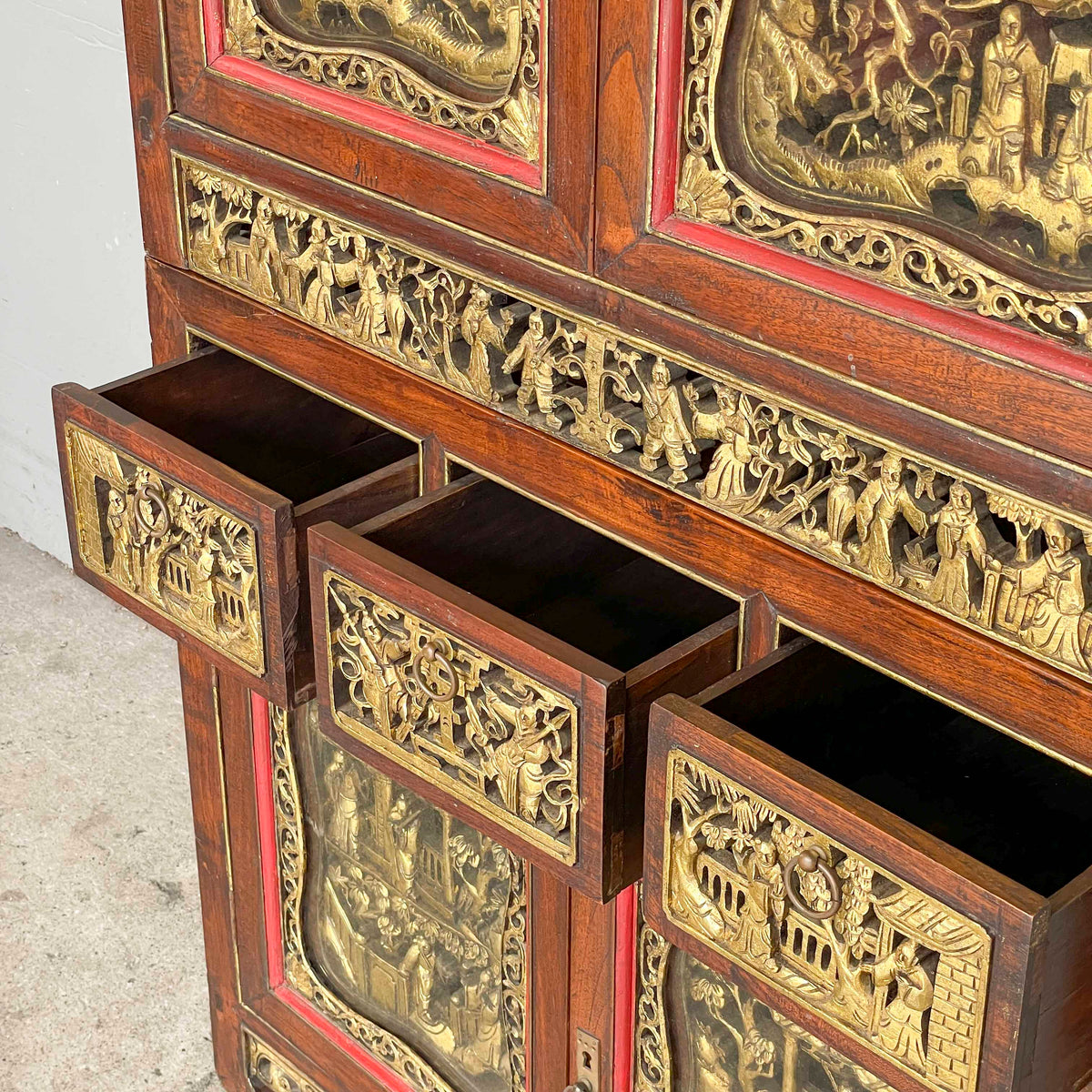 Peranakan-Style Carved Cabinet with Gilt Panels
