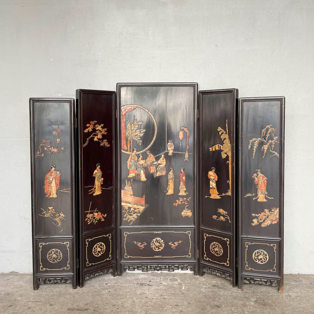 Folding Screen of "Ladies at Work & Leisure" in Carved Stone