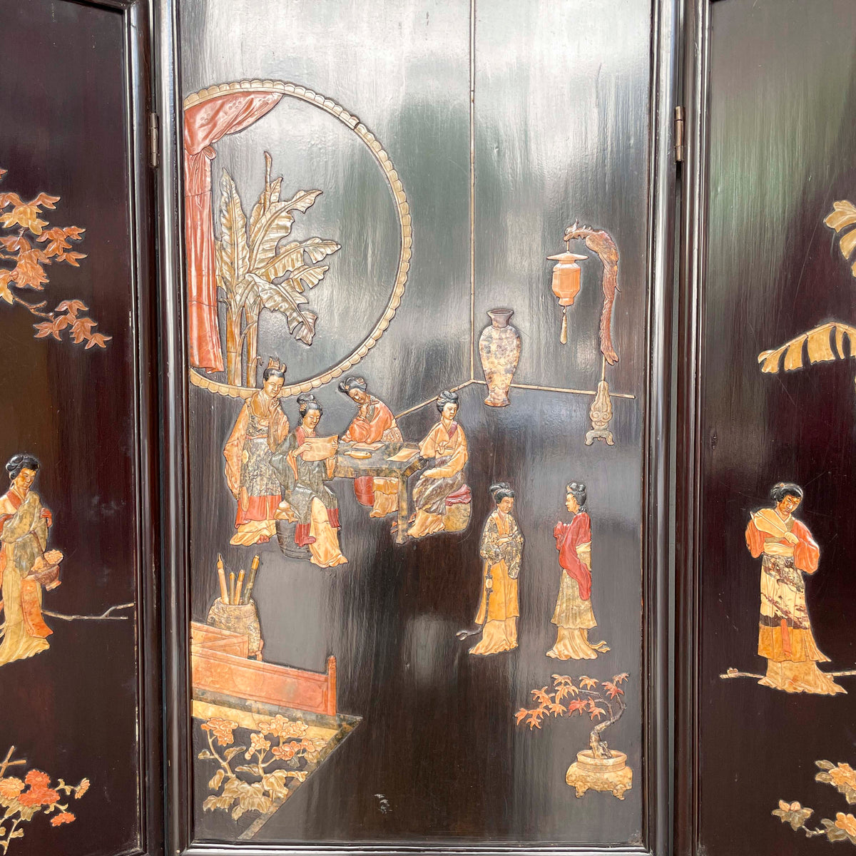 Folding Screen of "Ladies at Work & Leisure" in Carved Stone