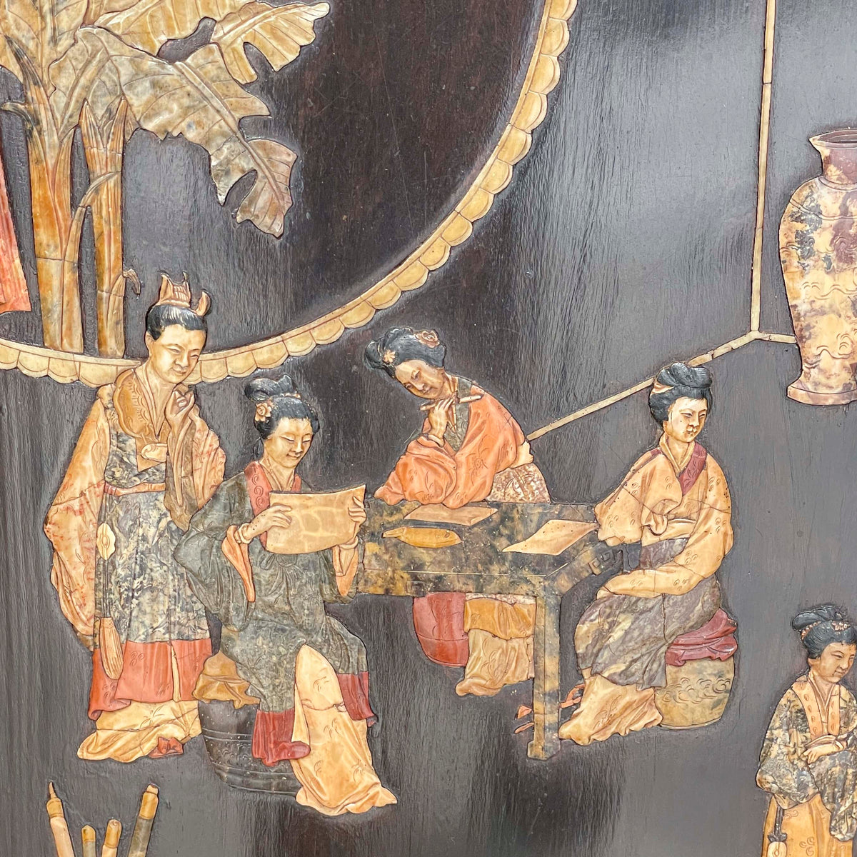 Folding Screen of "Ladies at Work & Leisure" in Carved Stone