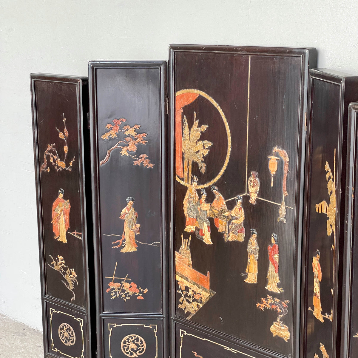 Folding Screen of "Ladies at Work & Leisure" in Carved Stone