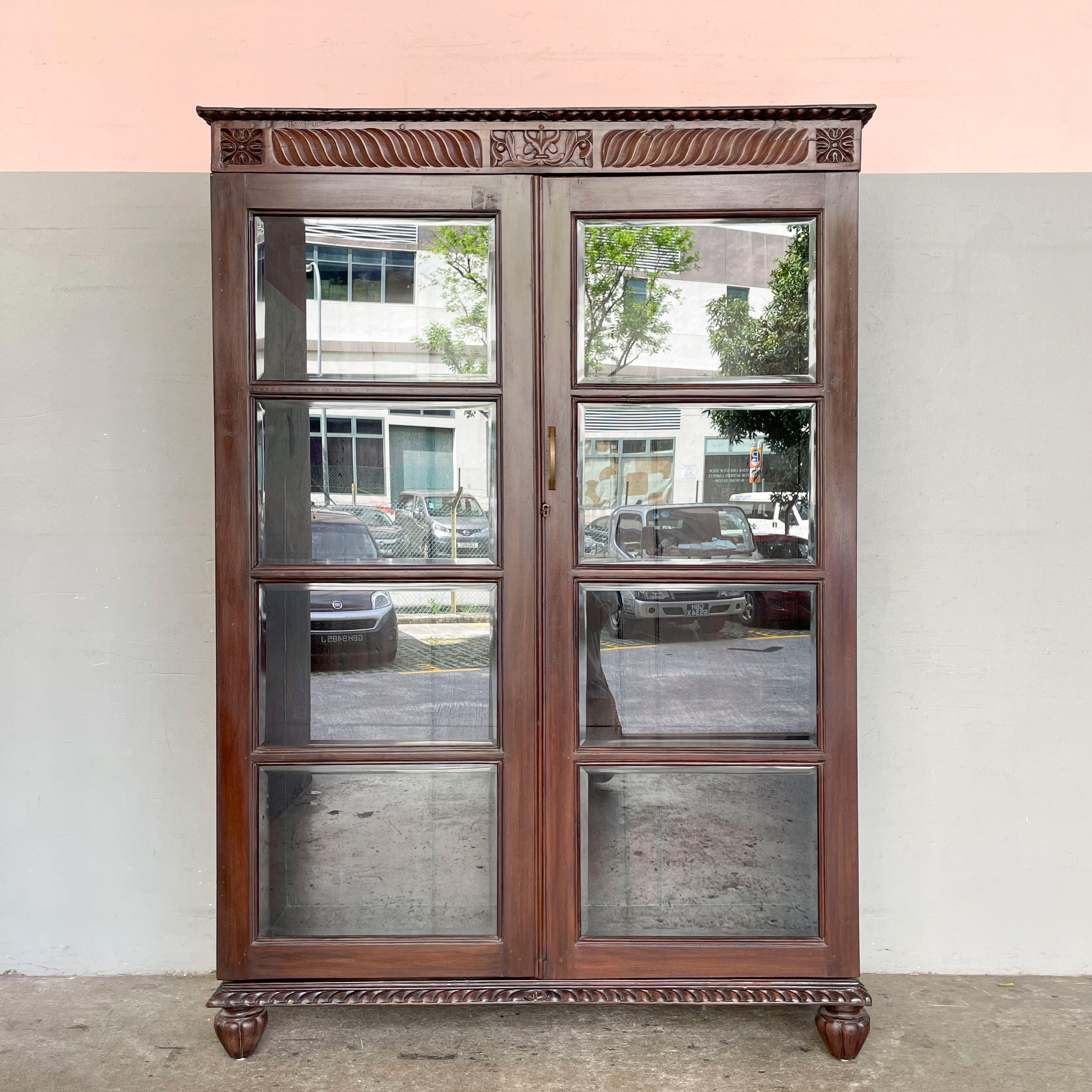 Large Vintage Glass Display Cabinet with Carved Cornice