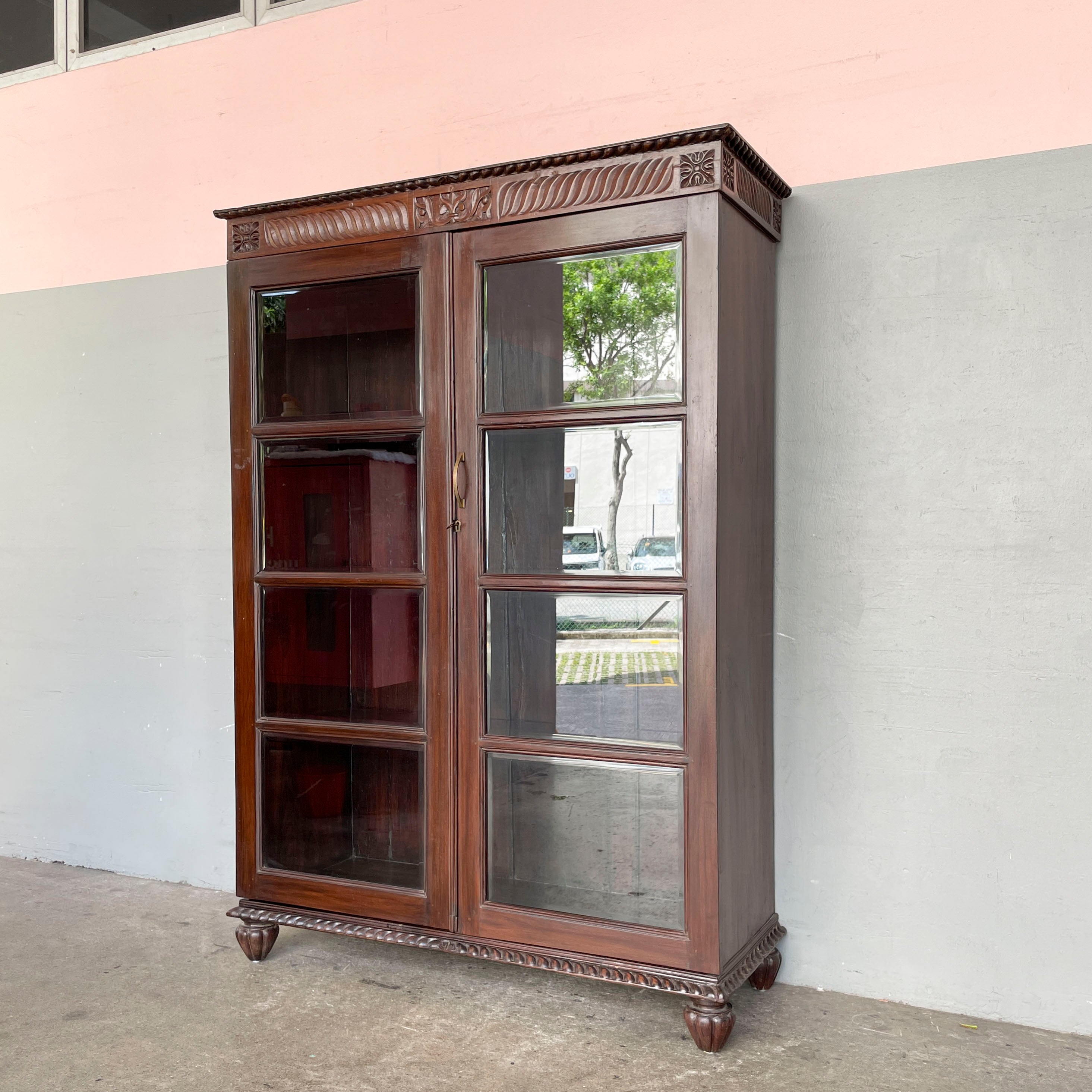 Large Vintage Glass Display Cabinet with Carved Cornice