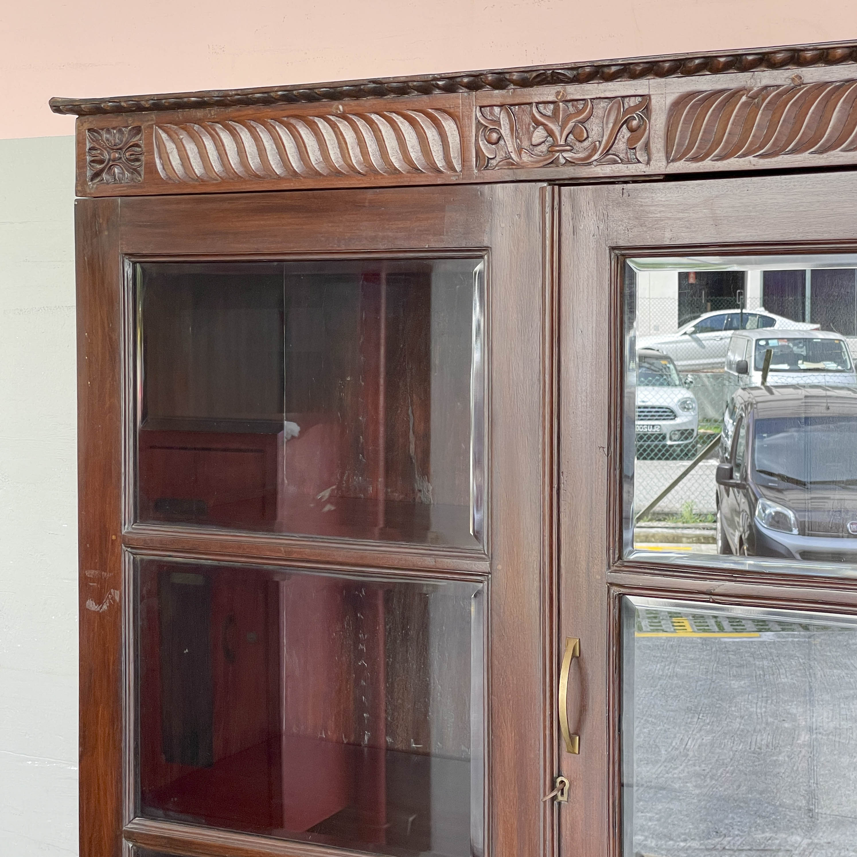 Large Vintage Glass Display Cabinet with Carved Cornice